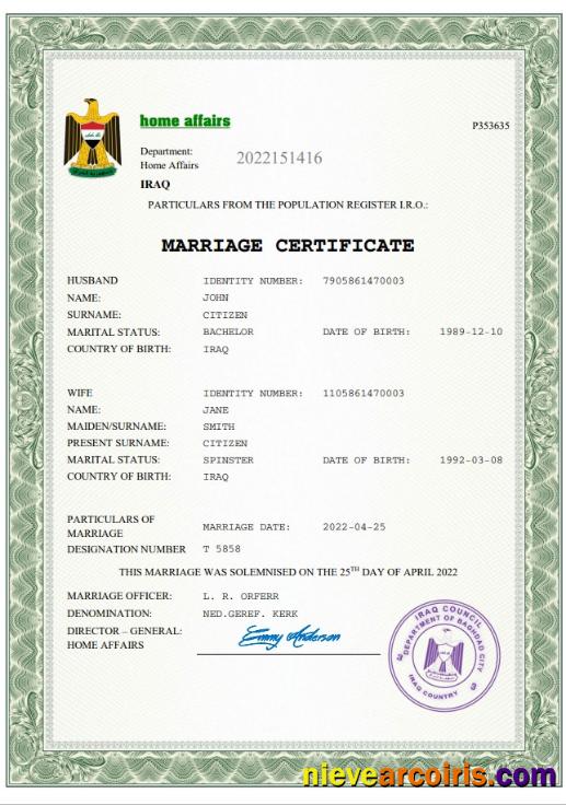 Iraq marriage certificate